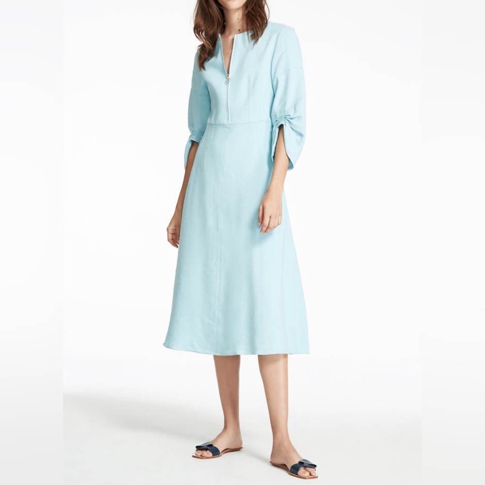 Tibi Marta Smocked Sleeve Linen Blend Midi Dress